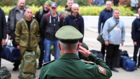 A Russian serviceman addresses reservists at a gathering point in the town of Volzhsky in the Volgograd region, Russia, on September 28.